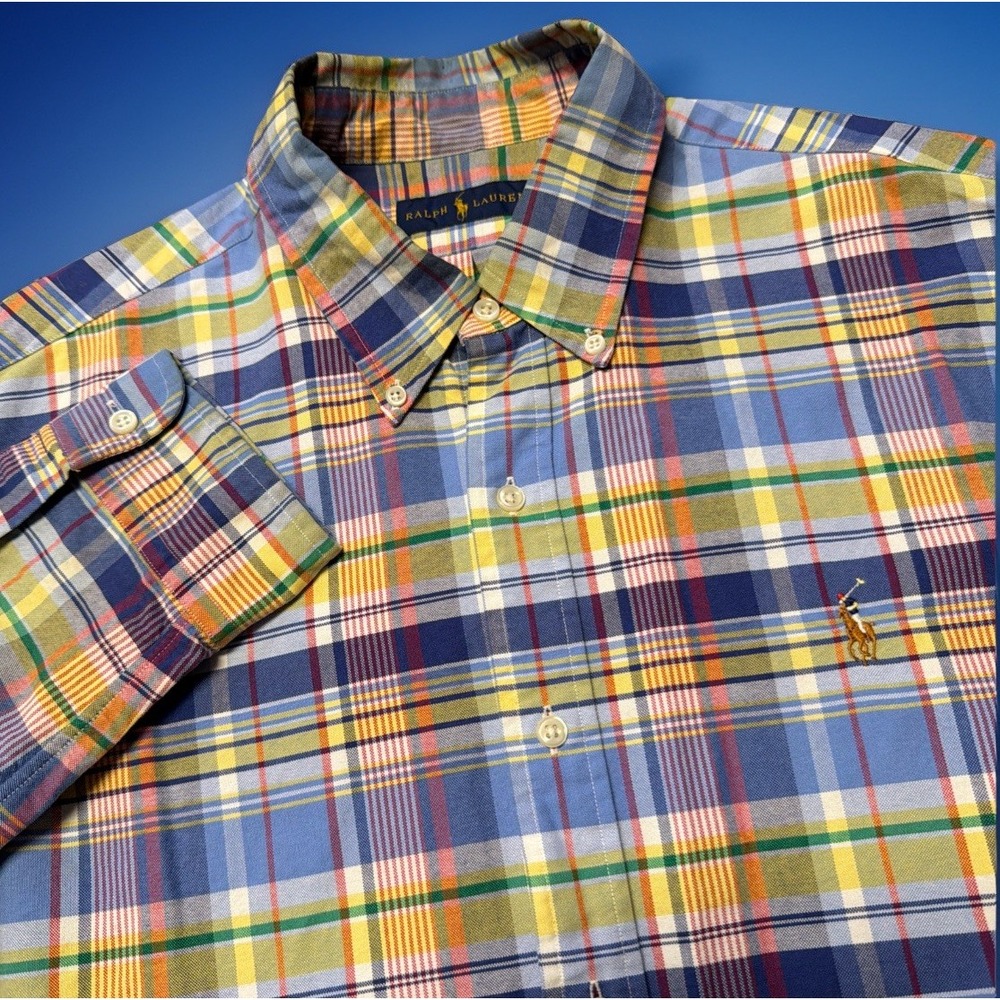 Ralph Lauren Polo Men's Button Down Flesh Pony Blue Plaid Oxford Shirt XL